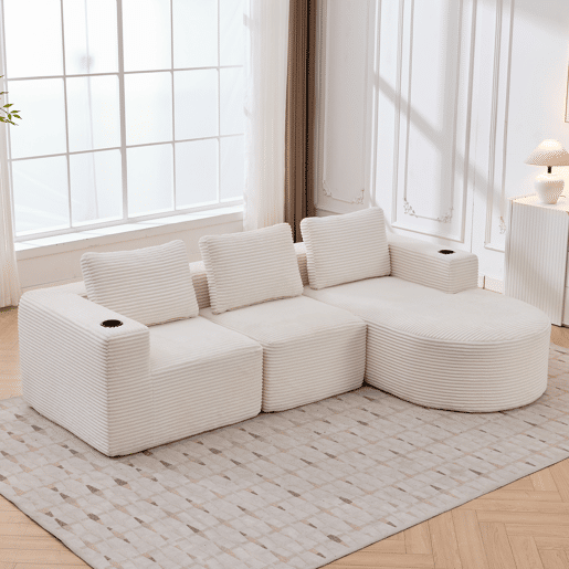 Sofá de 3 lugares, 258 cm - compacto, com 3 almofadas e porta-copos - bege Sofá de 3 lugares, 258 cm - compacto, com 3 almofadas e porta-copos - bege