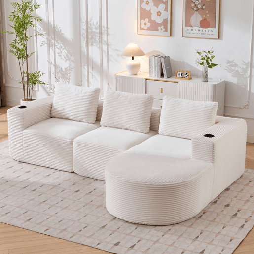 Sofá de 3 lugares, 258 cm - compacto, com 3 almofadas e porta-copos - bege Sofá de 3 lugares, 258 cm - compacto, com 3 almofadas e porta-copos - bege