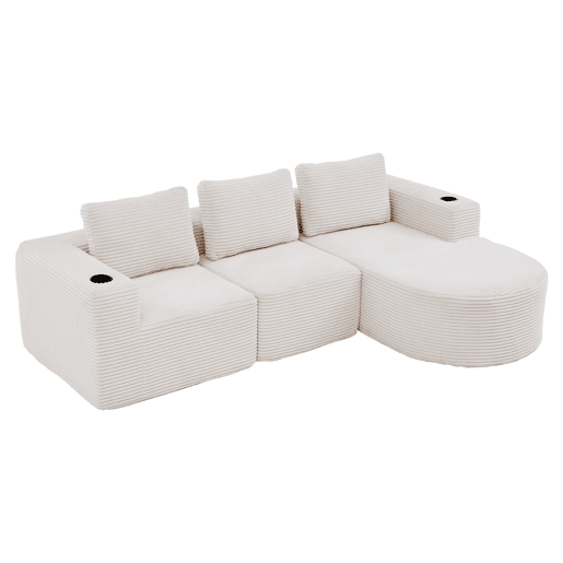 Sofá de 3 lugares, 258 cm - compacto, com 3 almofadas e porta-copos - bege Sofá de 3 lugares, 258 cm - compacto, com 3 almofadas e porta-copos - bege