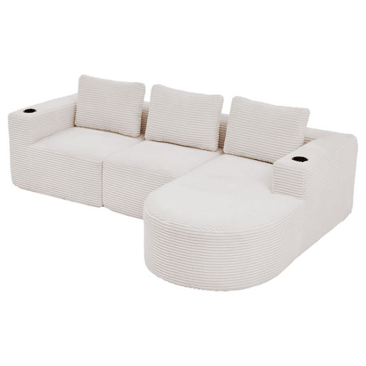 Sofá de 3 lugares, 258 cm - compacto, com 3 almofadas e porta-copos - bege Sofá de 3 lugares, 258 cm - compacto, com 3 almofadas e porta-copos - bege