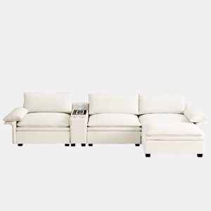 Sofá modular em L com 315 cm e 4 lugares u2013 com arrumação, otomana, carregamento sem fios, altifalantes, luzes LED e porta-copos, estofo em chenille tipo «cloud» u2013 bege