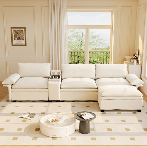 Sofá modular em L com 315 cm e 4 lugares u2013 com arrumação, otomana, carregamento sem fios, altifalantes, luzes LED e porta-copos, estofo em chenille tipo «cloud» u2013 bege Sofá modular em L com 315 cm e 4 lugares u2013 com arrumação, otomana, carregamento sem fios, altifalantes, luzes LED e porta-copos, estofo em chenille tipo «cloud» u2013 bege