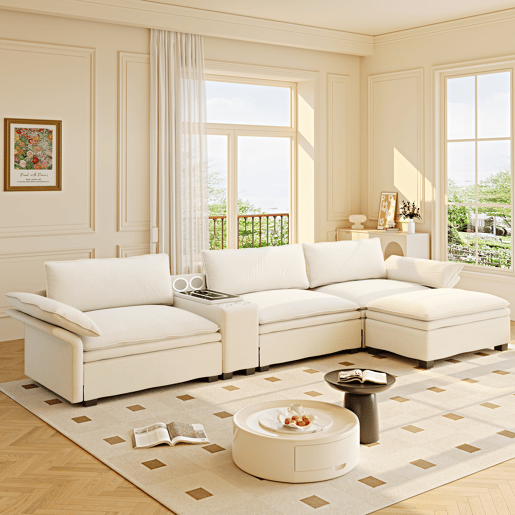 Sofá modular em L com 315 cm e 4 lugares u2013 com arrumação, otomana, carregamento sem fios, altifalantes, luzes LED e porta-copos, estofo em chenille tipo «cloud» u2013 bege Sofá modular em L com 315 cm e 4 lugares u2013 com arrumação, otomana, carregamento sem fios, altifalantes, luzes LED e porta-copos, estofo em chenille tipo «cloud» u2013 bege