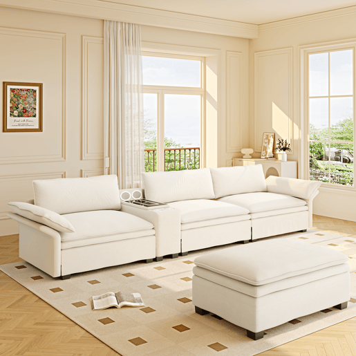Sofá modular em L com 315 cm e 4 lugares u2013 com arrumação, otomana, carregamento sem fios, altifalantes, luzes LED e porta-copos, estofo em chenille tipo «cloud» u2013 bege Sofá modular em L com 315 cm e 4 lugares u2013 com arrumação, otomana, carregamento sem fios, altifalantes, luzes LED e porta-copos, estofo em chenille tipo «cloud» u2013 bege