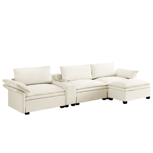 Sofá modular em L com 315 cm e 4 lugares u2013 com arrumação, otomana, carregamento sem fios, altifalantes, luzes LED e porta-copos, estofo em chenille tipo «cloud» u2013 bege Sofá modular em L com 315 cm e 4 lugares u2013 com arrumação, otomana, carregamento sem fios, altifalantes, luzes LED e porta-copos, estofo em chenille tipo «cloud» u2013 bege