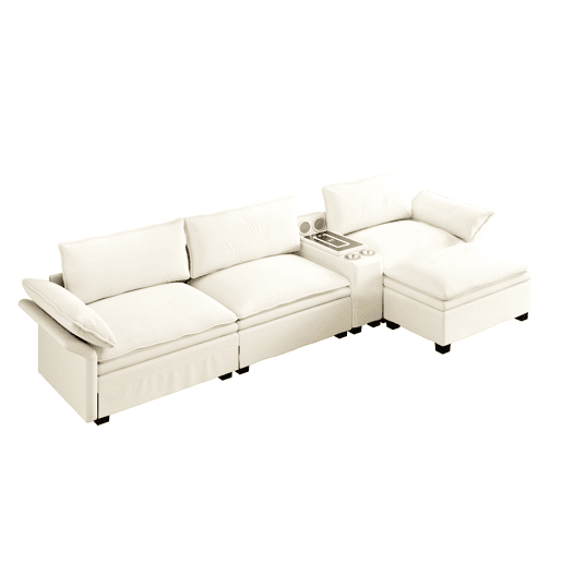 Sofá modular em L com 315 cm e 4 lugares u2013 com arrumação, otomana, carregamento sem fios, altifalantes, luzes LED e porta-copos, estofo em chenille tipo «cloud» u2013 bege Sofá modular em L com 315 cm e 4 lugares u2013 com arrumação, otomana, carregamento sem fios, altifalantes, luzes LED e porta-copos, estofo em chenille tipo «cloud» u2013 bege
