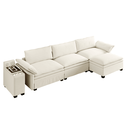 Sofá modular em L com 315 cm e 4 lugares u2013 com arrumação, otomana, carregamento sem fios, altifalantes, luzes LED e porta-copos, estofo em chenille tipo «cloud» u2013 bege Sofá modular em L com 315 cm e 4 lugares u2013 com arrumação, otomana, carregamento sem fios, altifalantes, luzes LED e porta-copos, estofo em chenille tipo «cloud» u2013 bege