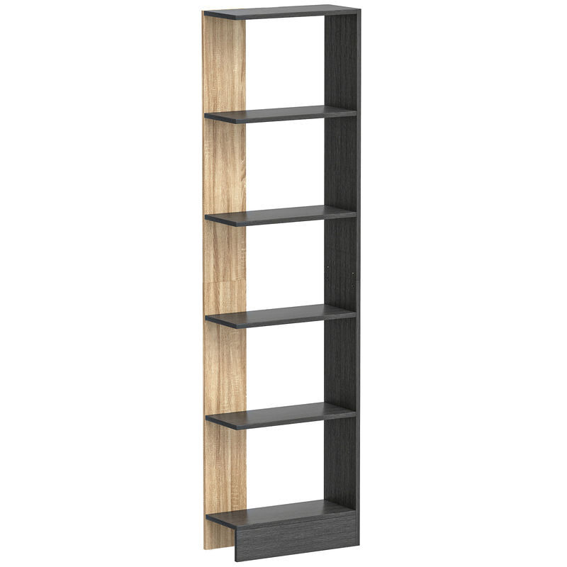 Homcom estantería de 5 niveles, estantería almacenaje, librería estrecha para espacios pequeños, sala de estar y cocina, 45x21x170 cm, negro y roble