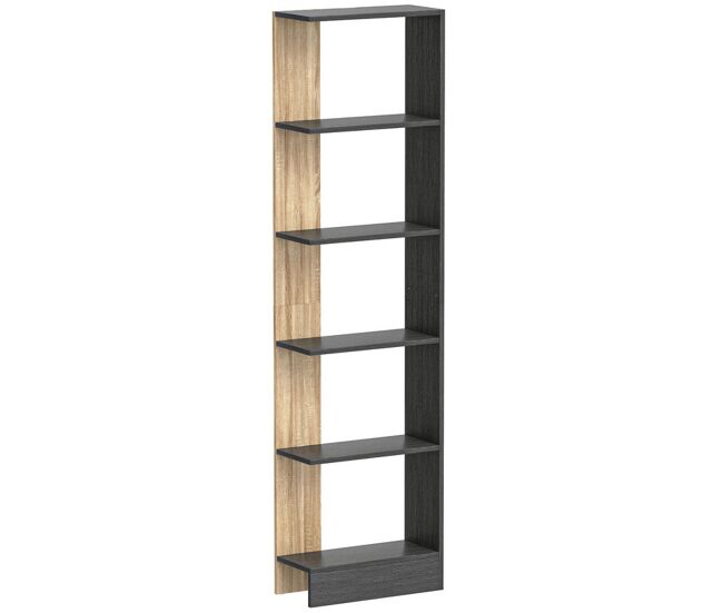 Homcom estantería de 5 niveles, estantería almacenaje, librería estrecha para espacios pequeños, sala de estar y cocina, 45x21x170 cm, negro y roble