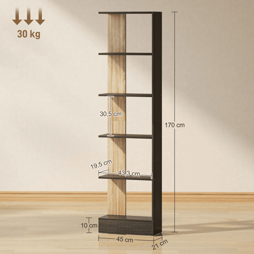 HOMCOM Estante de 5 Níveis Estante de Armazenamento Estante Estreita para Espaços Pequenos Sala de Estar e Cozinha 45x21x170 cm Preto e Carvalho HOMCOM Estante de 5 Níveis Estante de Armazenamento Estante Estreita para Espaços Pequenos Sala de Estar e Cozinha 45x21x170 cm Preto e Carvalho