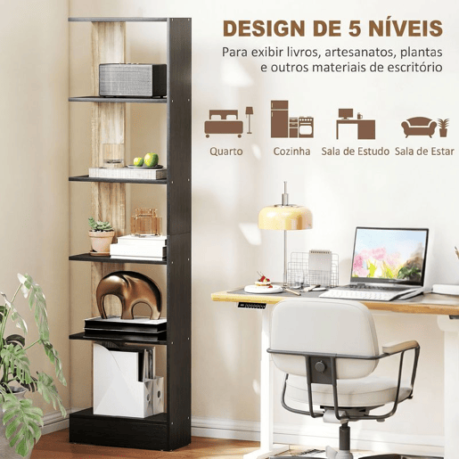 HOMCOM Estante de 5 Níveis Estante de Armazenamento Estante Estreita para Espaços Pequenos Sala de Estar e Cozinha 45x21x170 cm Preto e Carvalho HOMCOM Estante de 5 Níveis Estante de Armazenamento Estante Estreita para Espaços Pequenos Sala de Estar e Cozinha 45x21x170 cm Preto e Carvalho