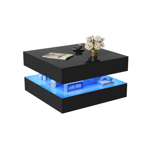 Mesa de centro quadrada lacada alto brilho com iluminação LED RGB, gavetas de abertura por pressão, controlo APP e comando à distância Mesa de centro quadrada lacada alto brilho com iluminação LED RGB, gavetas de abertura por pressão, controlo APP e comando à distância