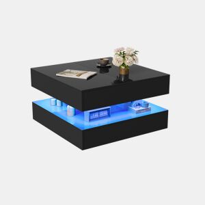 Mesa de centro quadrada lacada alto brilho com iluminação LED RGB, gavetas de abertura por pressão, controlo APP e comando à distância