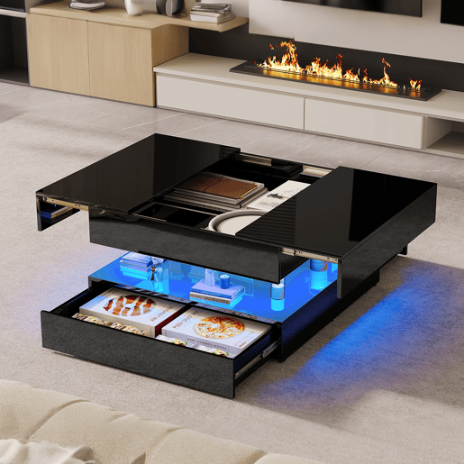 Mesa de centro quadrada lacada alto brilho com iluminação LED RGB, gavetas de abertura por pressão, controlo APP e comando à distância Mesa de centro quadrada lacada alto brilho com iluminação LED RGB, gavetas de abertura por pressão, controlo APP e comando à distância