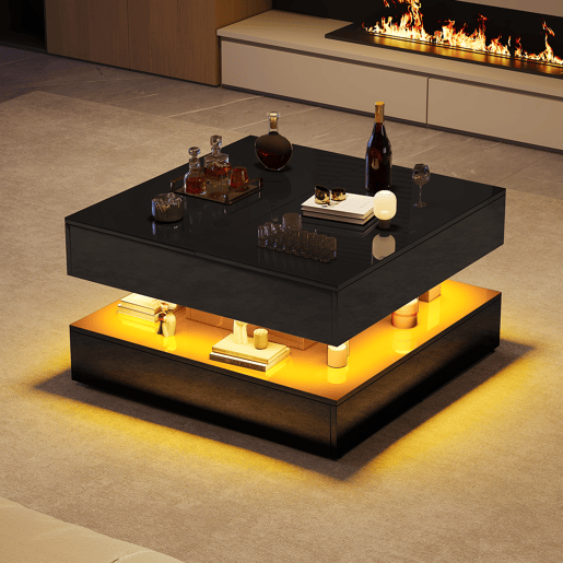 Mesa de centro quadrada lacada alto brilho com iluminação LED RGB, gavetas de abertura por pressão, controlo APP e comando à distância Mesa de centro quadrada lacada alto brilho com iluminação LED RGB, gavetas de abertura por pressão, controlo APP e comando à distância