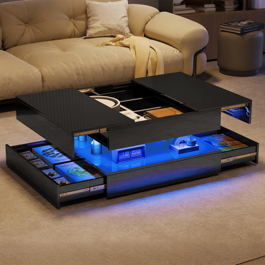 Mesa de centro quadrada lacada alto brilho com iluminação LED RGB, gavetas de abertura por pressão, controlo APP e comando à distância Mesa de centro quadrada lacada alto brilho com iluminação LED RGB, gavetas de abertura por pressão, controlo APP e comando à distância