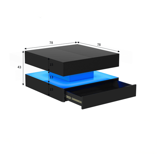 Mesa de centro quadrada lacada alto brilho com iluminação LED RGB, gavetas de abertura por pressão, controlo APP e comando à distância Mesa de centro quadrada lacada alto brilho com iluminação LED RGB, gavetas de abertura por pressão, controlo APP e comando à distância