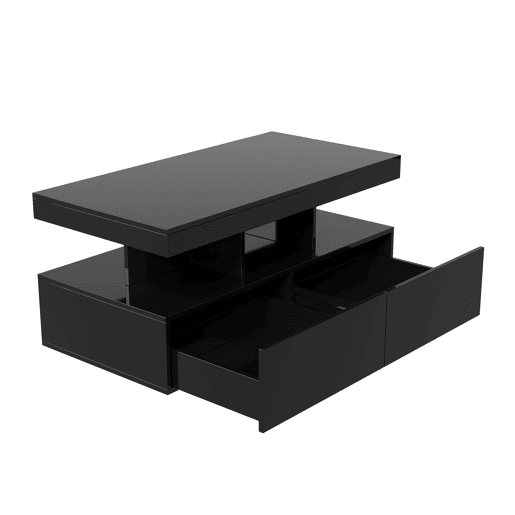 Mesa de centro preta lacada alto brilho com iluminação LED RGB e dois gavetões Mesa de centro preta lacada alto brilho com iluminação LED RGB e dois gavetões