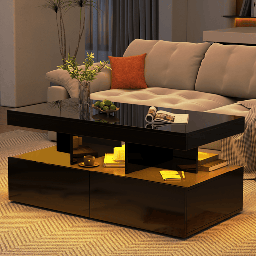 Mesa de centro preta lacada alto brilho com iluminação LED RGB e dois gavetões Mesa de centro preta lacada alto brilho com iluminação LED RGB e dois gavetões