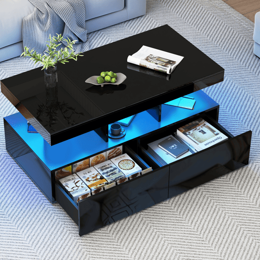Mesa de centro preta lacada alto brilho com iluminação LED RGB e dois gavetões Mesa de centro preta lacada alto brilho com iluminação LED RGB e dois gavetões