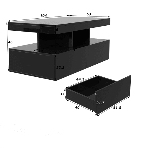 Mesa de centro preta lacada alto brilho com iluminação LED RGB e dois gavetões Mesa de centro preta lacada alto brilho com iluminação LED RGB e dois gavetões
