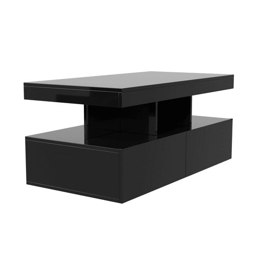 Mesa de centro preta lacada alto brilho com iluminação LED RGB e dois gavetões Mesa de centro preta lacada alto brilho com iluminação LED RGB e dois gavetões