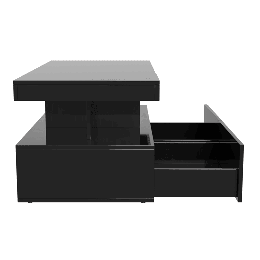 Mesa de centro preta lacada alto brilho com iluminação LED RGB e dois gavetões Mesa de centro preta lacada alto brilho com iluminação LED RGB e dois gavetões