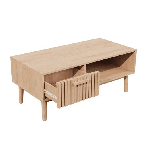 Mesa de centro com porta corrediça em grelha vertical, estilo escandinavo, pés em madeira maciça Mesa de centro com porta corrediça em grelha vertical, estilo escandinavo, pés em madeira maciça