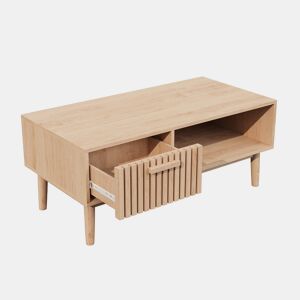 Mesa de centro com porta corrediça em grelha vertical, estilo escandinavo, pés em madeira maciça