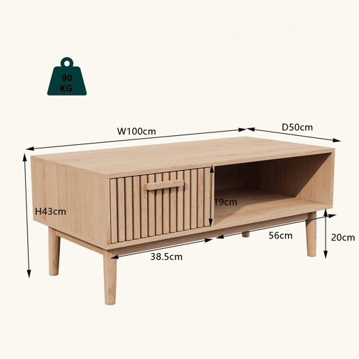 Mesa de centro com porta corrediça em grelha vertical, estilo escandinavo, pés em madeira maciça Mesa de centro com porta corrediça em grelha vertical, estilo escandinavo, pés em madeira maciça