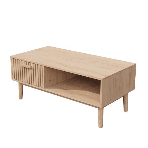 Mesa de centro com porta corrediça em grelha vertical, estilo escandinavo, pés em madeira maciça Mesa de centro com porta corrediça em grelha vertical, estilo escandinavo, pés em madeira maciça