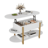 Mesa de centro elevável oval branca, design moderno, pés metálicos dourados, múltiplos espaços de arrumação