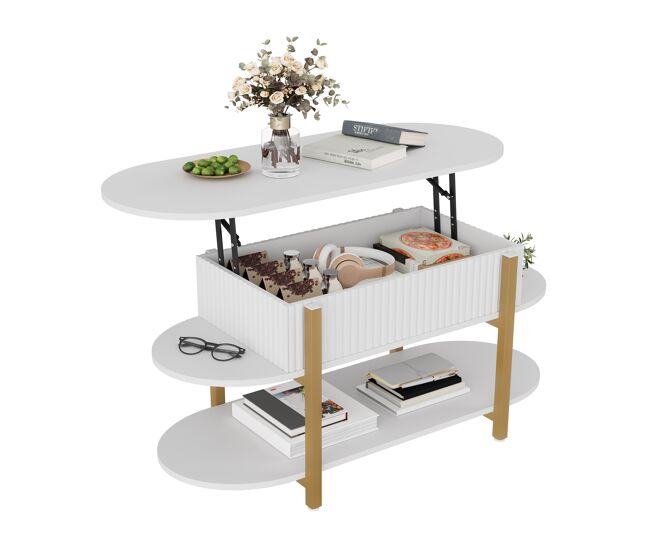 Mesa de centro elevable ovalada blanca, diseño moderno, patas metálicas doradas, múltiples espacios de almacenamiento