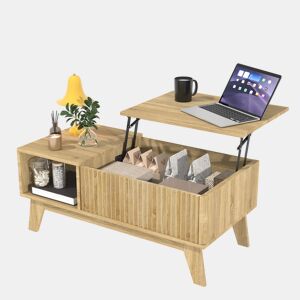 Mesa de centro elevável estilo nórdico, acabamento imitação carvalho, arrumação compartimentada, frente com textura canelada