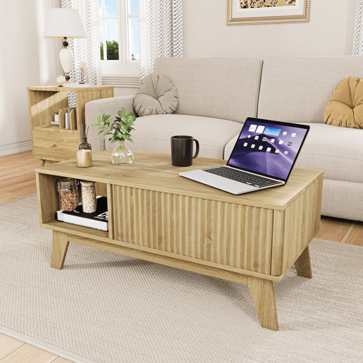 Mesa de centro elevável estilo nórdico, acabamento imitação carvalho, arrumação compartimentada, frente com textura canelada Mesa de centro elevável estilo nórdico, acabamento imitação carvalho, arrumação compartimentada, frente com textura canelada