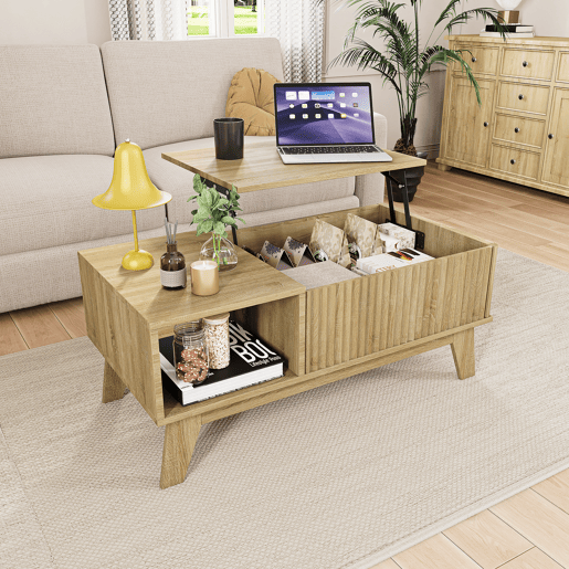 Mesa de centro elevável estilo nórdico, acabamento imitação carvalho, arrumação compartimentada, frente com textura canelada Mesa de centro elevável estilo nórdico, acabamento imitação carvalho, arrumação compartimentada, frente com textura canelada