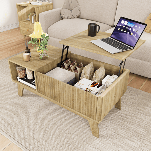Mesa de centro elevável estilo nórdico, acabamento imitação carvalho, arrumação compartimentada, frente com textura canelada Mesa de centro elevável estilo nórdico, acabamento imitação carvalho, arrumação compartimentada, frente com textura canelada
