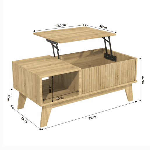 Mesa de centro elevável estilo nórdico, acabamento imitação carvalho, arrumação compartimentada, frente com textura canelada Mesa de centro elevável estilo nórdico, acabamento imitação carvalho, arrumação compartimentada, frente com textura canelada