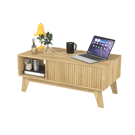 Mesa de centro elevável estilo nórdico, acabamento imitação carvalho, arrumação compartimentada, frente com textura canelada Mesa de centro elevável estilo nórdico, acabamento imitação carvalho, arrumação compartimentada, frente com textura canelada