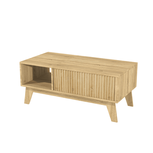 Mesa de centro elevável estilo nórdico, acabamento imitação carvalho, arrumação compartimentada, frente com textura canelada Mesa de centro elevável estilo nórdico, acabamento imitação carvalho, arrumação compartimentada, frente com textura canelada