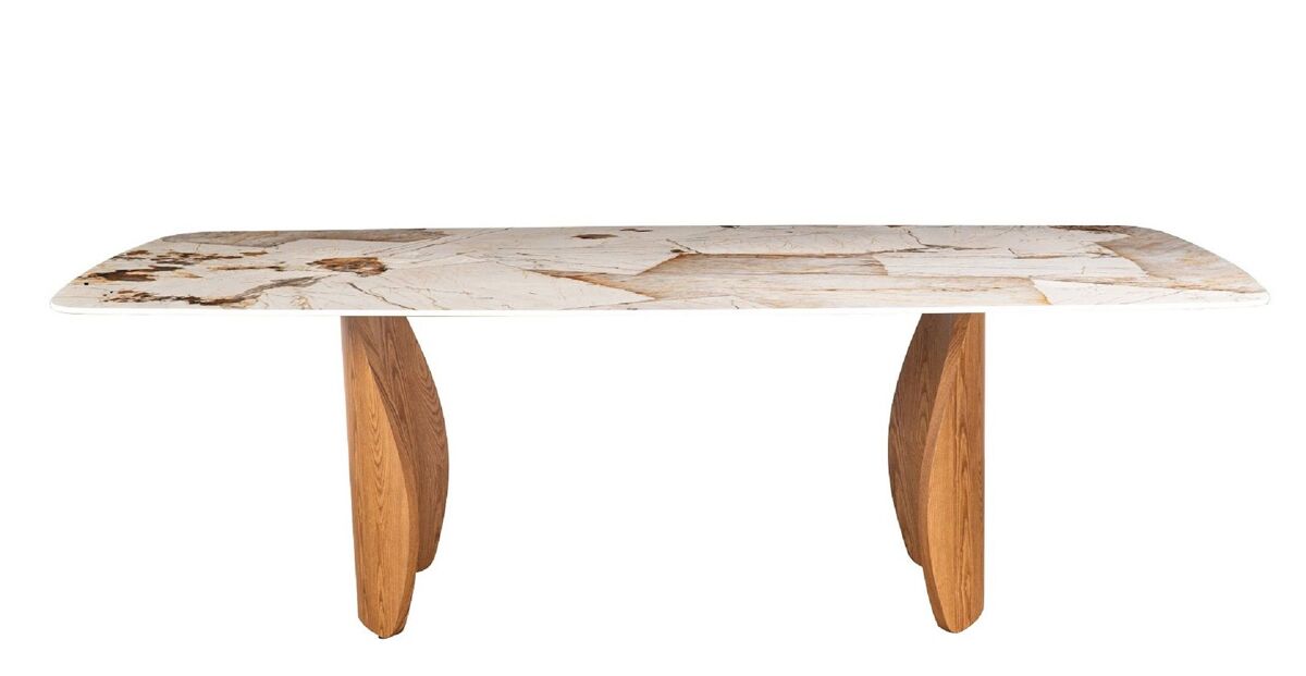 Mesa de comedor de 240 × 120, patas  color roble y tablero de cerámica