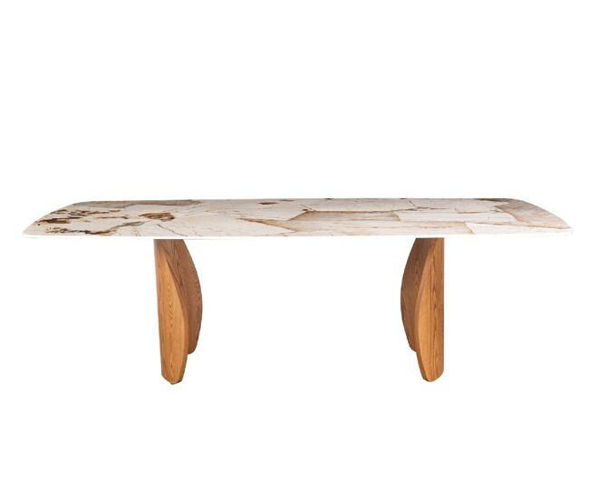 Mesa de comedor de 240 × 120, patas color roble y tablero de cerámica