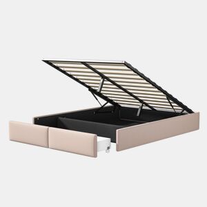 Cama de arrumação 160x200cm em tecido de linho com 2 gavetas - base de ripas - sem cabeceira - bege