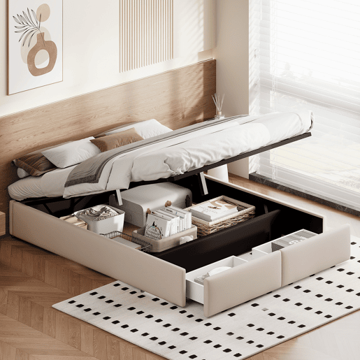 Cama de arrumação 160x200cm em tecido de linho com 2 gavetas - base de ripas - sem cabeceira - bege Cama de arrumação 160x200cm em tecido de linho com 2 gavetas - base de ripas - sem cabeceira - bege
