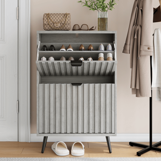 Sapateira oculta 60 cm - 2 gavetas rebatíveis, design ranhurado, para entrada e sala - Cinza