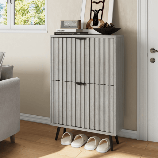Sapateira oculta 60 cm - 2 gavetas rebatíveis, design ranhurado, para entrada e sala - Cinza