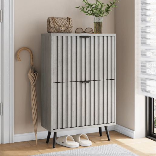 Sapateira oculta 60 cm - 2 gavetas rebatíveis, design ranhurado, para entrada e sala - Cinza
