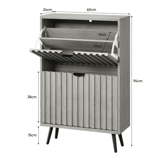 Sapateira oculta 60 cm - 2 gavetas rebatíveis, design ranhurado, para entrada e sala - Cinza