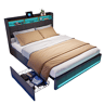 Cama 180x200 cm - LED - USBType-C - 4 gavetas - linho cinza - capitonê