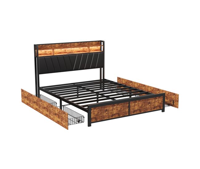 Cama tapizada de dimensiones 160*200cm, somier de láminas, cabecero, led, balda, 4 cajones y construcción metálica para habitación juvenil o